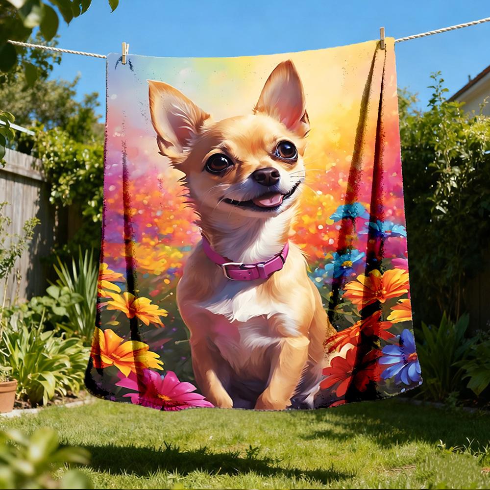 1pc Floral Garden Dog Outdoor Soft Polyester Flannel Throw Blanket Versatile for All Seasons , Soft , Cozy , Warm All Season Quilted Throw ,
