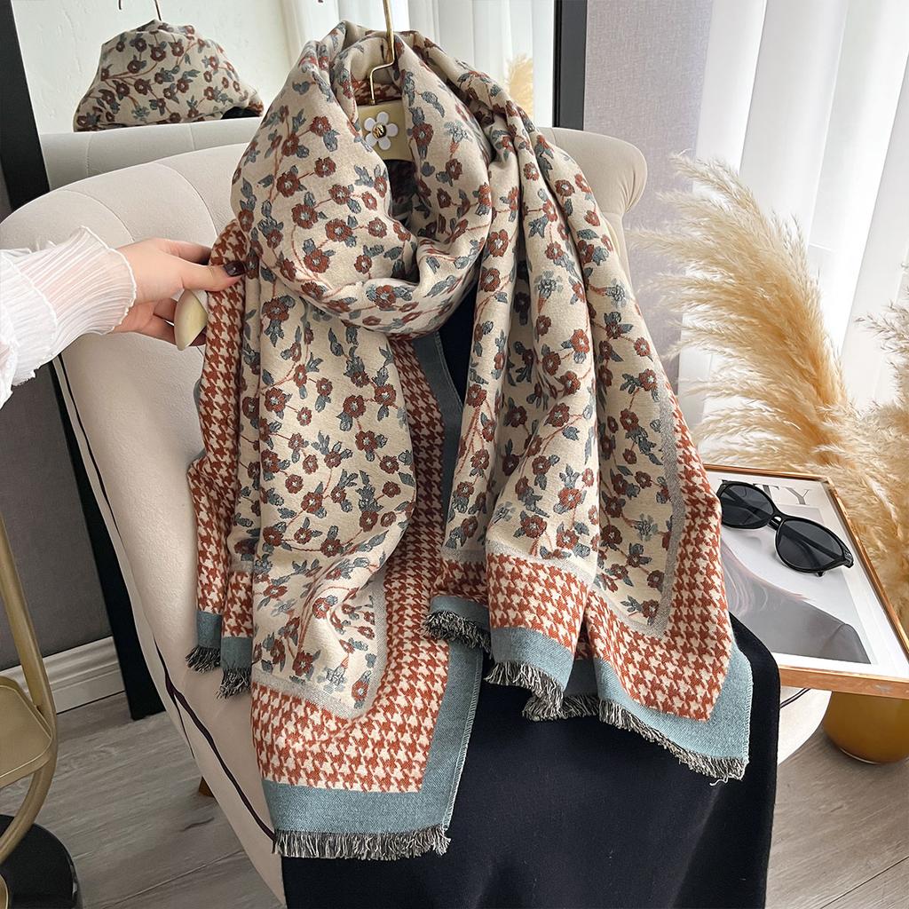 Women New Two Sided Floral Print Imitation Cashmere Scarf Soft Warm Pashmina Shawl Autumn Winter Coldproof Windproof Blanket