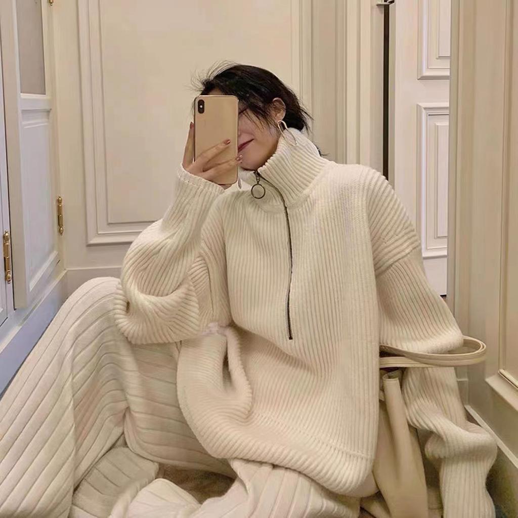 Пуловер с высоким воротником и половиной молнии, свитер для женщин, осень/зима 2023, корейская версия, свободный универсальный женский пуловер с длинными рукавами