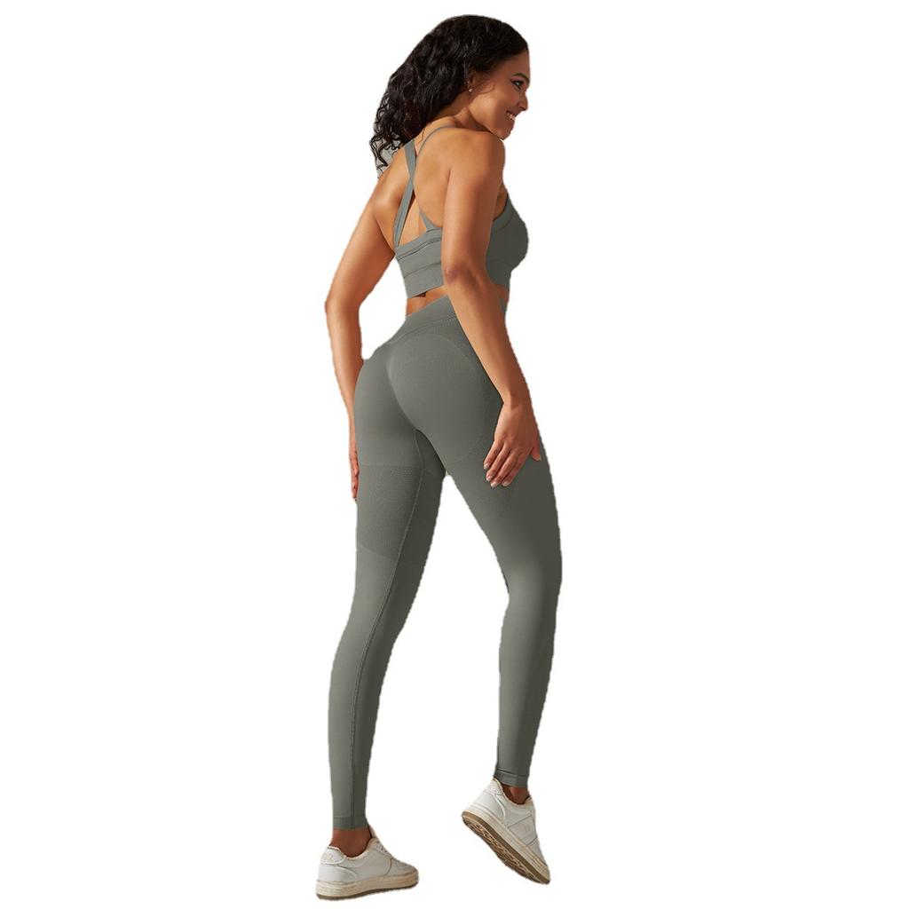 New European and American seamless back cross shoulder straps sports vest bra set running fitness yoga pants