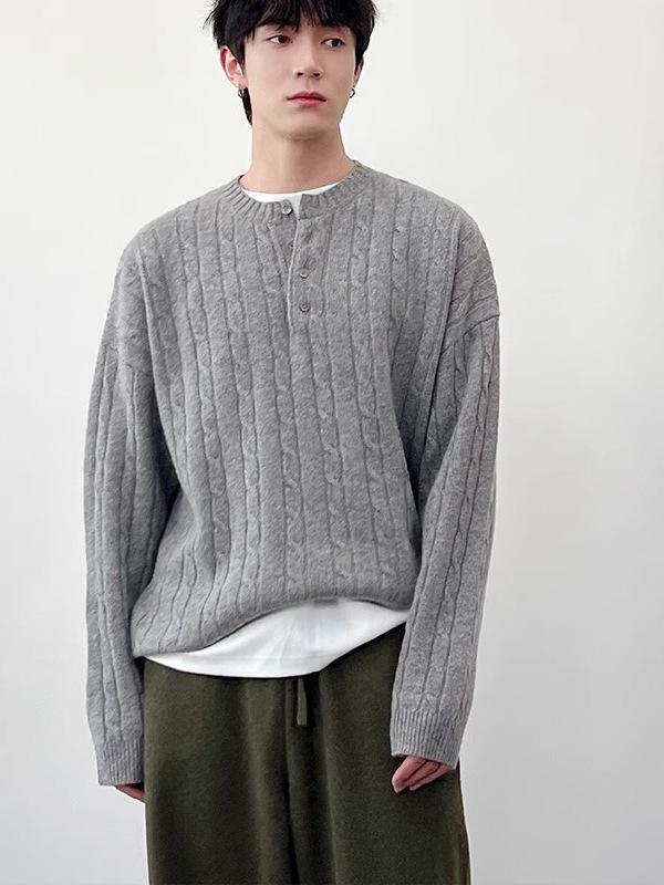 Мужской свитер высокого качества в корейском стиле с воротником хенли — плотная вязка, скрученная вязка, свободный крой, для весны и осени