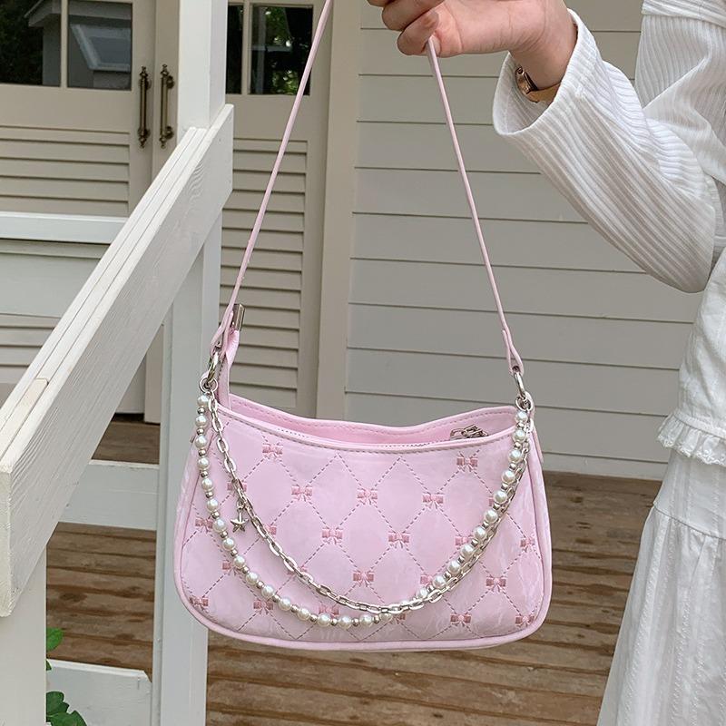 Korean Style Handheld Bag Fashion New Pearl Chain Bag Sweet and Cute Zipper Axillary Bags Women Solid Crossbody Bag Shoulder Bag