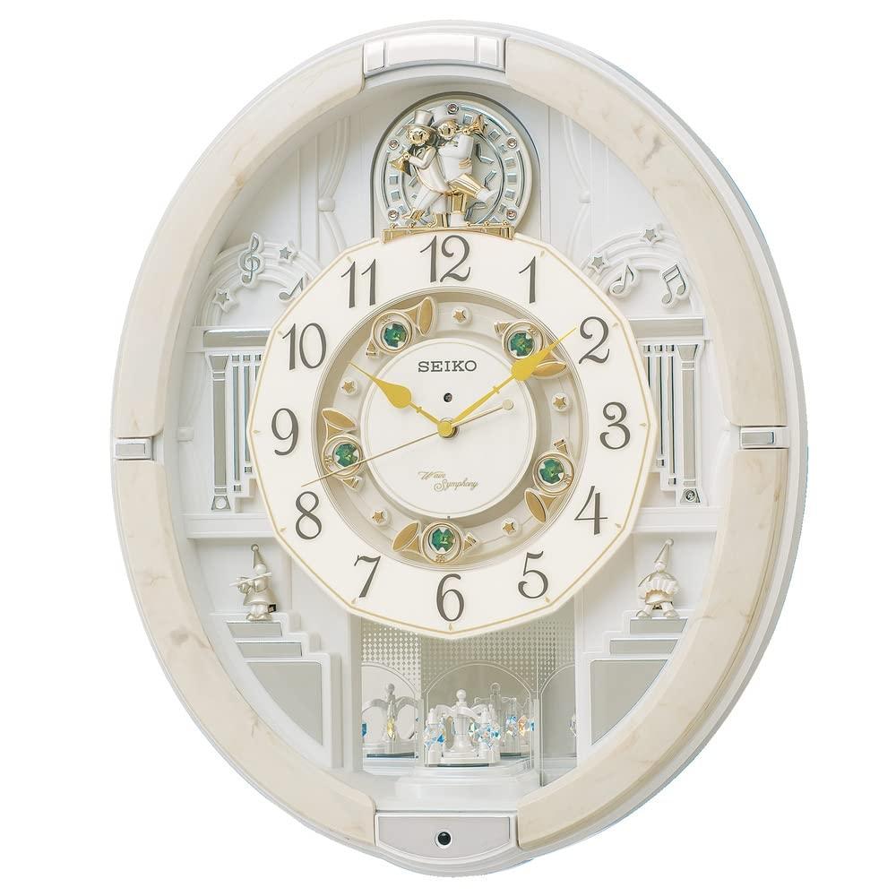 Seiko Clock Wall Clock Karakuri Clock Radio Clock Analog Karakuri Triple Selection Melody Rotating Decoration Ivory Marble Pattern RE576A