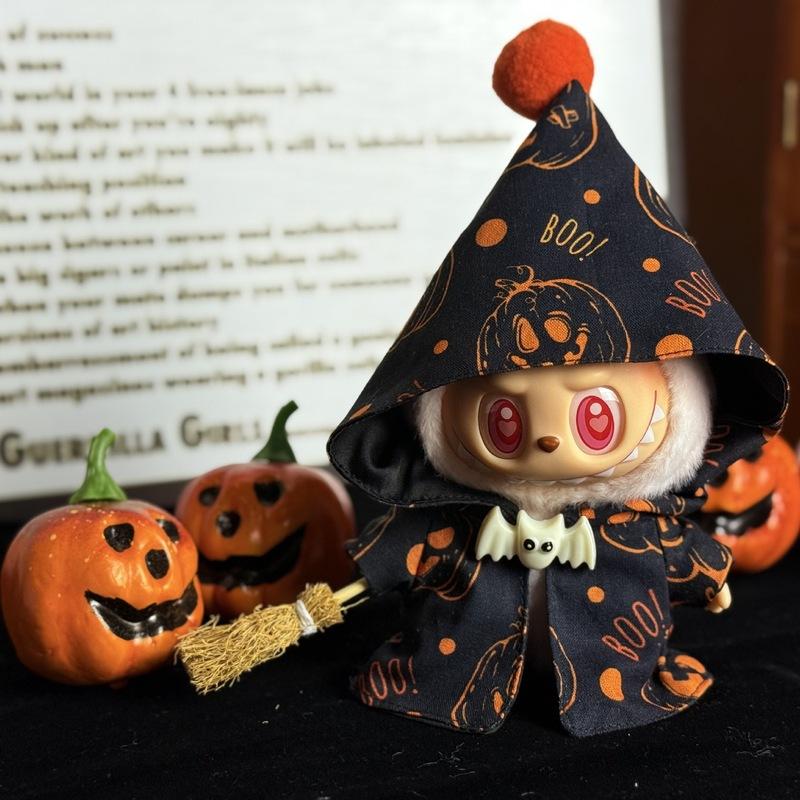 Halloween Atmosphere Pumpkin Cape for Labubu Cute Magic Broom Cloak Set Bat Decorative Button for 17cm Ladbubu Dolls Accessories