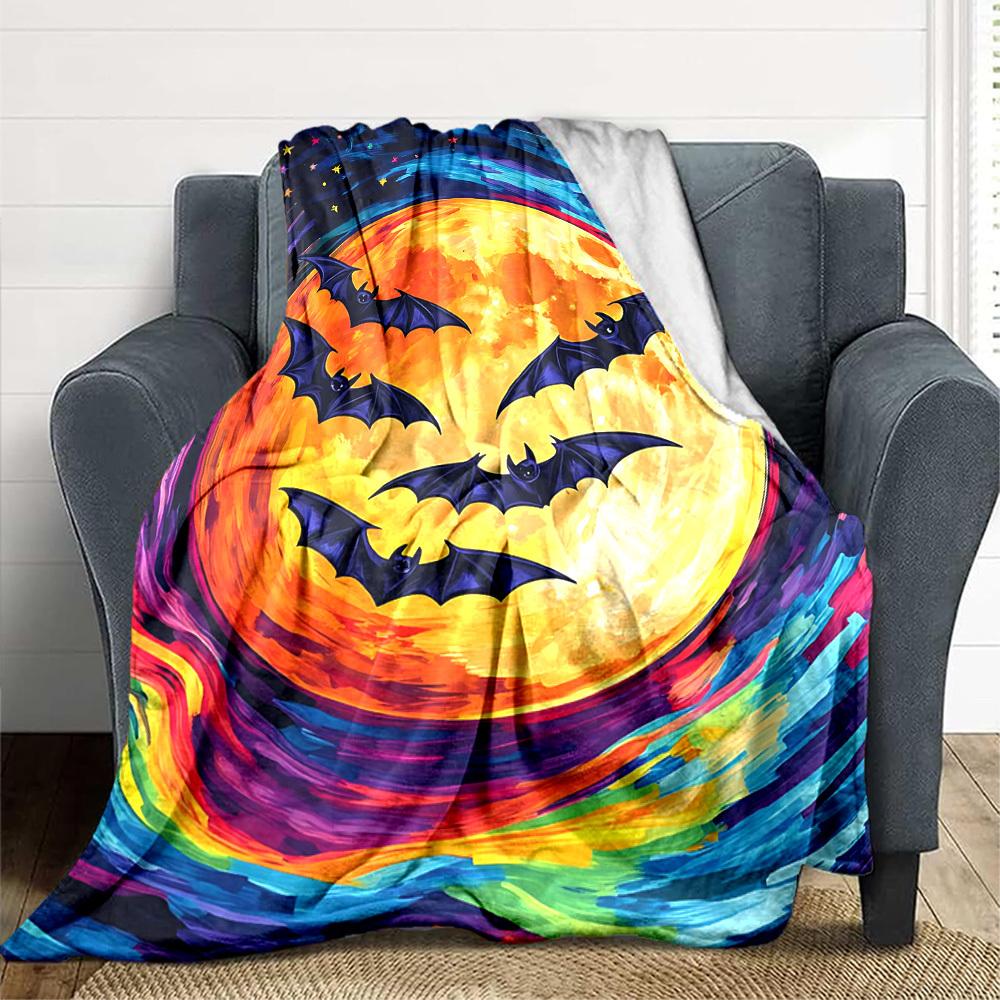 1pc Moon Bats Print Blanket Lightweight Flannel Throw Blanket For Sofa, Bed, Living Room, Office, Outdoor Travel, Camping