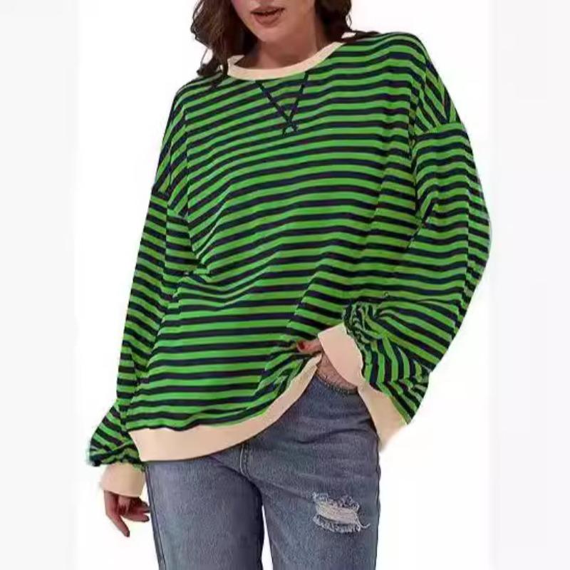Футболка осень-зима в минималистичном стиле для дома, повседневная, с полосатым узором, женская, с круглым вырезом, длинными рукавами, футболка с цветными блоками