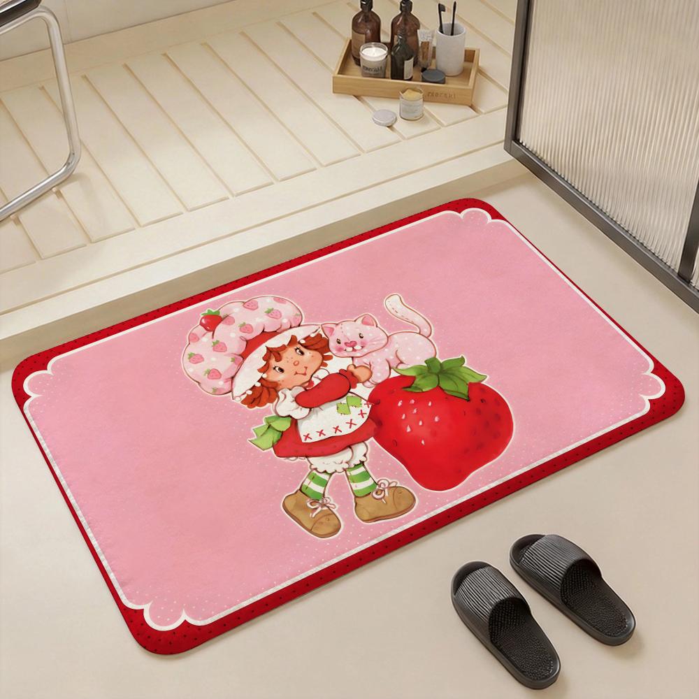Cartoon S Strawberry Shortcake Floor Mat Eco Flannel Doormat Non Slip Odorless Indoor Floor Rug Soft Short Plush Home Mat
