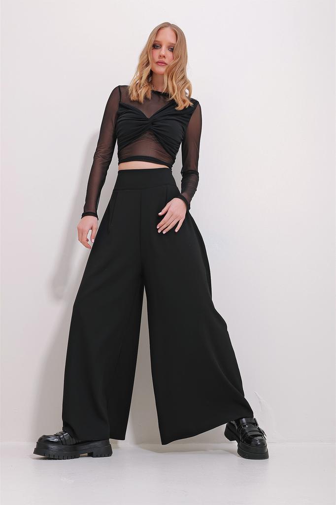 Женские брюки, модные черные брюки нового сезона с высокой талией и боковой молнией, широкие тканые брюки