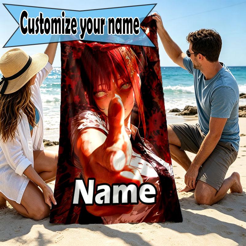 Custom Name Personalized Makima Chainsaw Man Print Beach Towel, for Trip Camping Beach Party Home Decor, Birthday Gift for Family & Friends