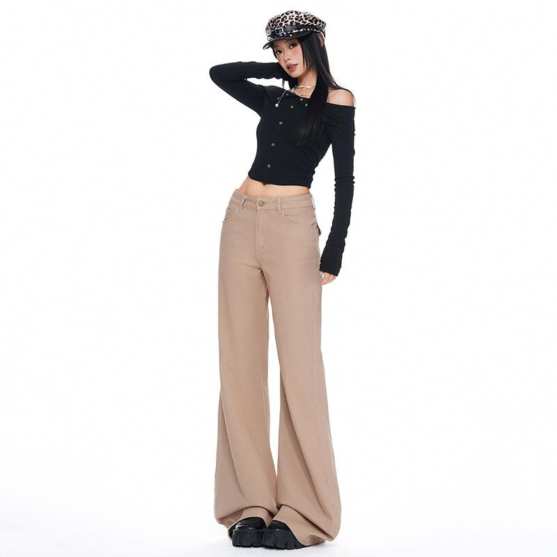 Khaki American micro-pull jeans women's autumn new high-waisted drape and thin, no-stick leg horn pants
