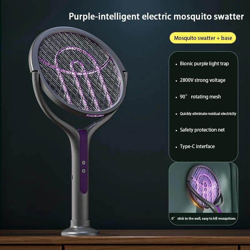 Intelligent Mosquito Swatter With Extension Handle 2800V Electric Mosquito Killer Type-C Rechargeable 5-Layer Protection