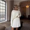 Women's Solid Color Crew Neck Sweater Plus Knit Pleated Skirt Suit