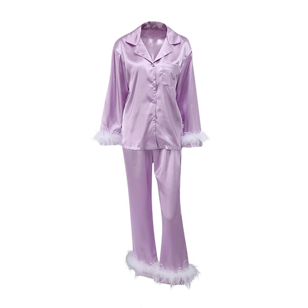 Women Spring Fall Soft Pajamas Sets Fur Feather Trim Long Sleeve Button Satin Silk Shirts Pants Loungewear Sleepwear Homewear