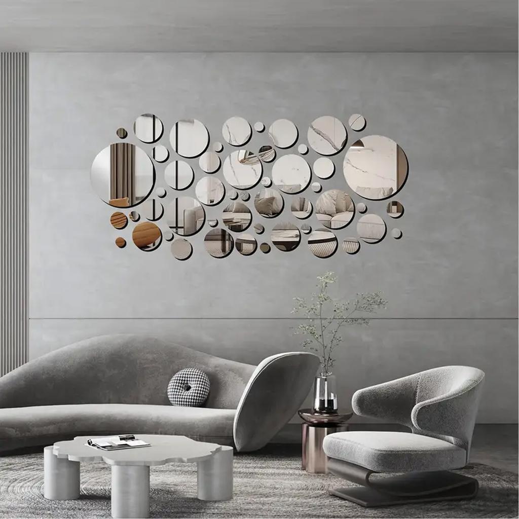 32PCs/Set 3D Acrylic Mirror Wall Sticker Round Decorative Mirror for Living Room Bedroom TV Background Sticker Wall Decoration