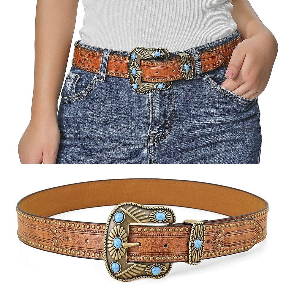 PU Leather Floral Engraved Leather Belt Cowgirl Cowboy Country Belts  for Jeans Pant