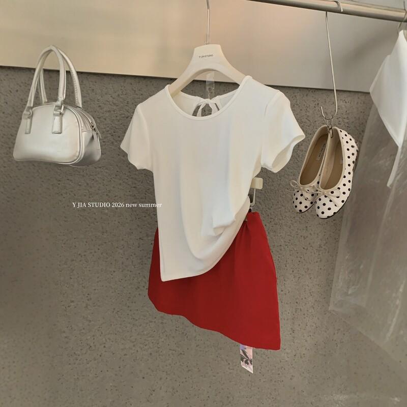 Bow strap U-shaped hollow slim round neck short top women's summer front shoulder slim short-sleeved T-shirt