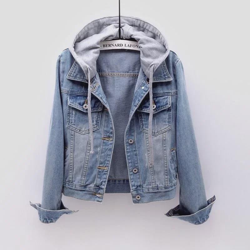 Women's Slim Hooded Denim Jacket - Popular Japanese and Korean Style, Long-Sleeved, Short Length for Spring and Autumn