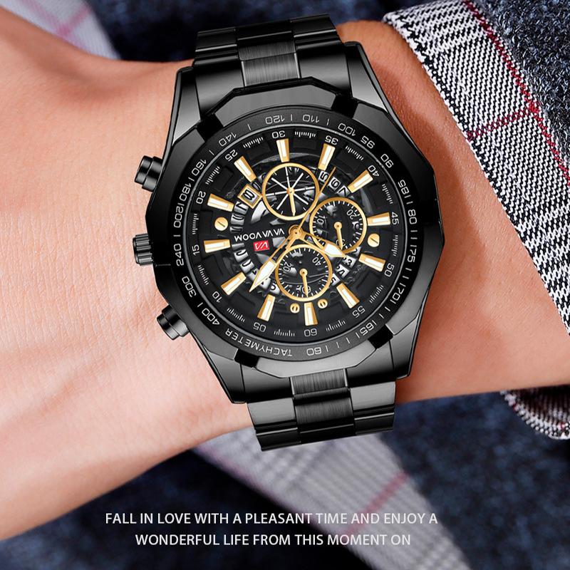 VA VA VOOM Кварцевые часы 3ATM, водонепроницаемый ремень из нержавеющей стали, три глаза, шестиконтактный светящийся календарь, спортивные, модные, деловые, кварцевые часы