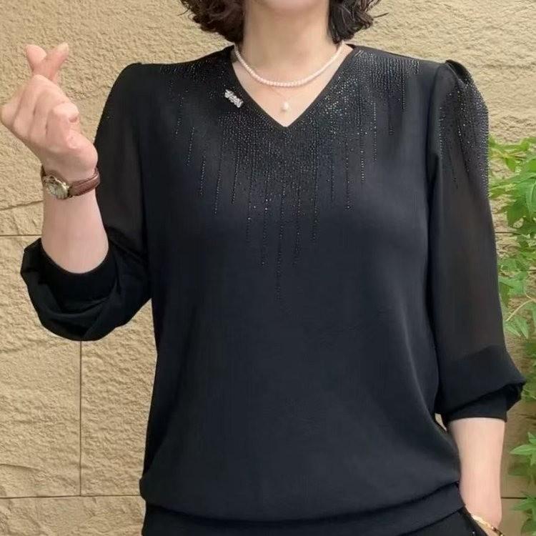 Весна 2025 Блузка с V-образным вырезом и длинными рукавами из шифона для женщин – Однотонный универсальный топ для мам среднего и пожилого возраста