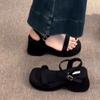 Thick-soled Wedge Sandals for Women's Summer Outer Wear 2025 New Fashion Heel Beach One-word Buckle Sandals