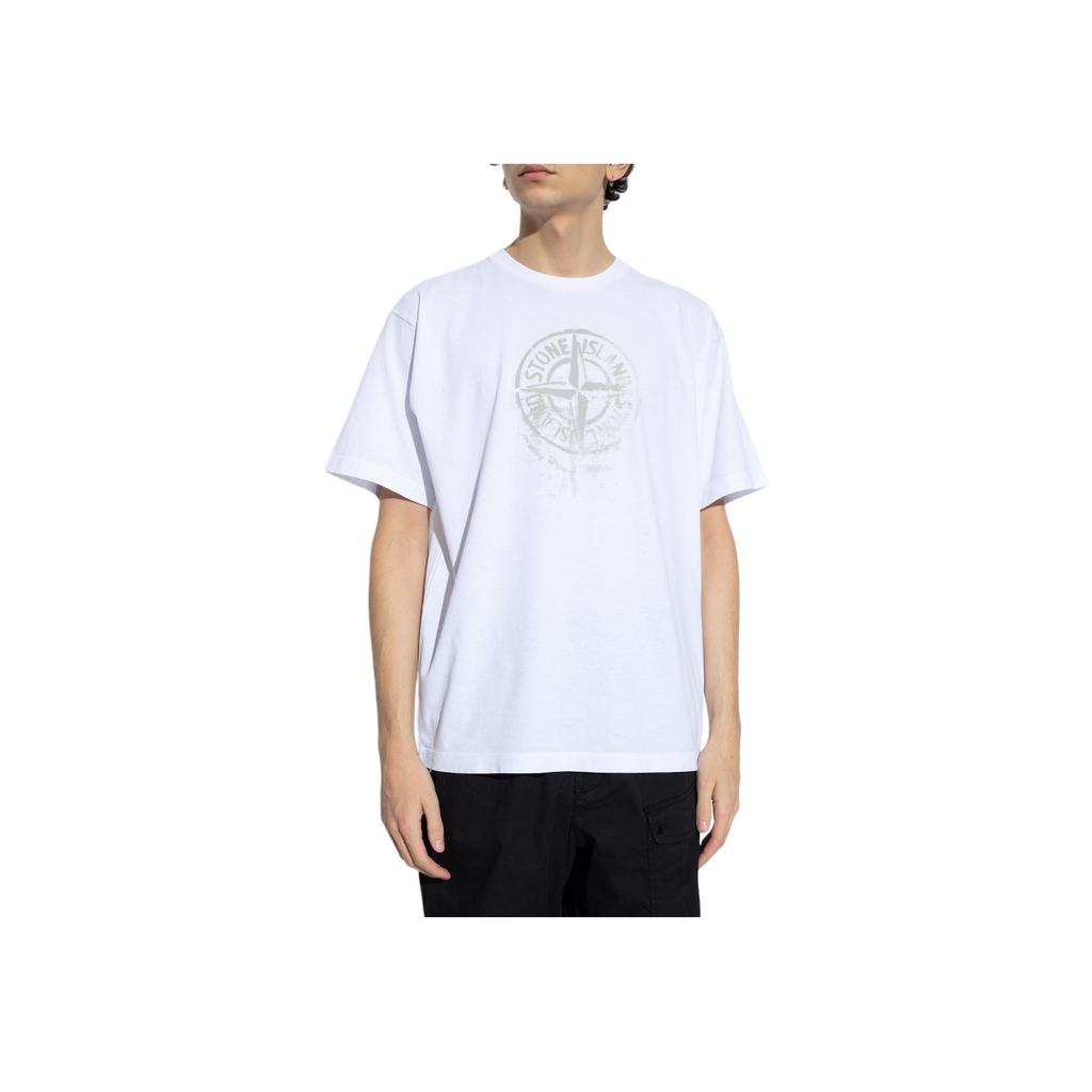 STONE ISLAND Мужская футболка с коротким рукавом, круглым вырезом, принтом логотипа компаса однотонного цвета, весна-лето 2024, белая 80152RC87-V0001