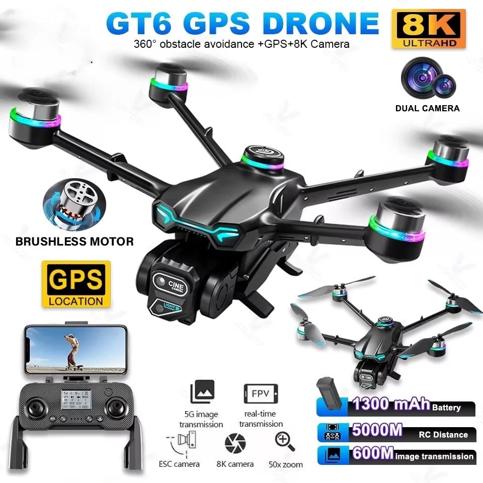 2025 Новый GT6 Drone 8K Professional HD Двойная камера GPS Smart Return 5G WIFI FPV Обход препятствий Бесщеточный складной квадрокоптер Дрон