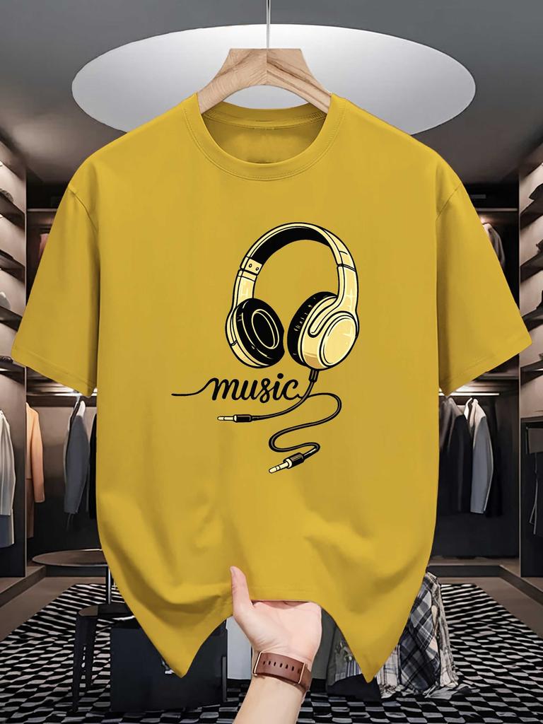 Vintage Golden Headphone Music Letter Print Unisexs Crew Neck T Shirt Music Enthusiast Graphic Short Sleeve Casual Cotton Tees