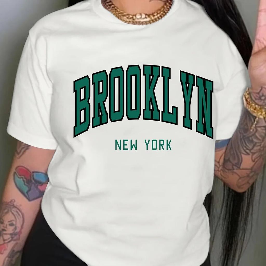 Brooklyn Letter Print Crew Neck Unisex T-shirt Casual Short Sleeve Drop Shoulder Top Tees WoUnisex Clothing
