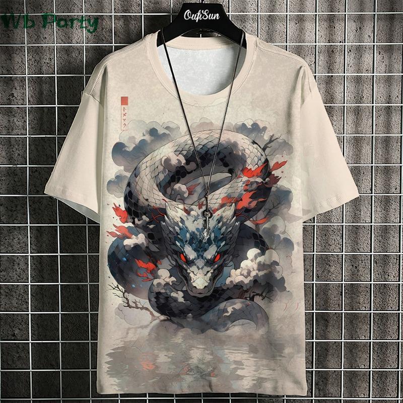 Японская футболка Ukiyo-E Мужские футболки с принтом животных Винтажная мужская одежда Круглая горловина Короткий рукав Футболка Harajuku