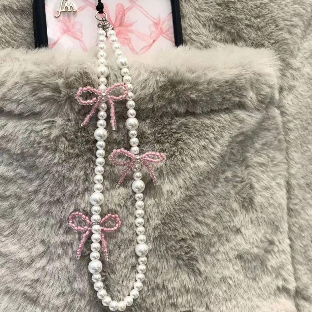 Korea Pink Bowknot Pearl Pendant Beaded Rope Strap New Phone Accessrioes
