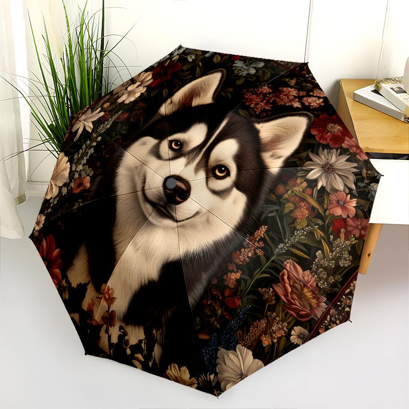 Husky pattern, automatic folding umbrella, portable and foldable design, 8 ribs, a Christmas or birthday gift.