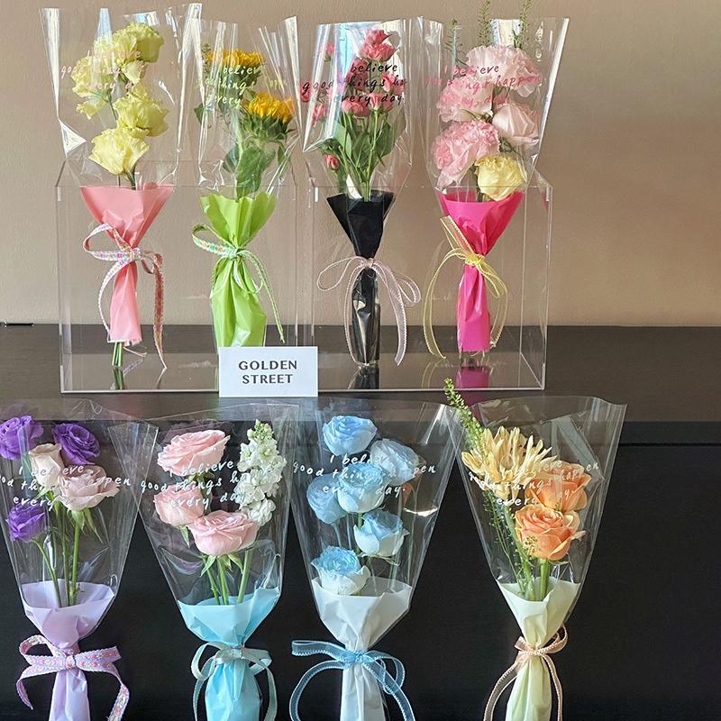 10Pcs Single Rose Sleeves Flower Wrapping Bag Bouquet Packaging Bags Clear Cellophane Floral Wrappers For Valentine'S Day