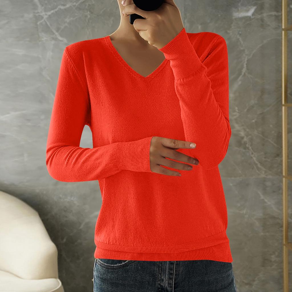 Women's Fashion Loose Knit Sweater Bottom Shirt V-Neck Pullover Long Sleeve Solid Color Top