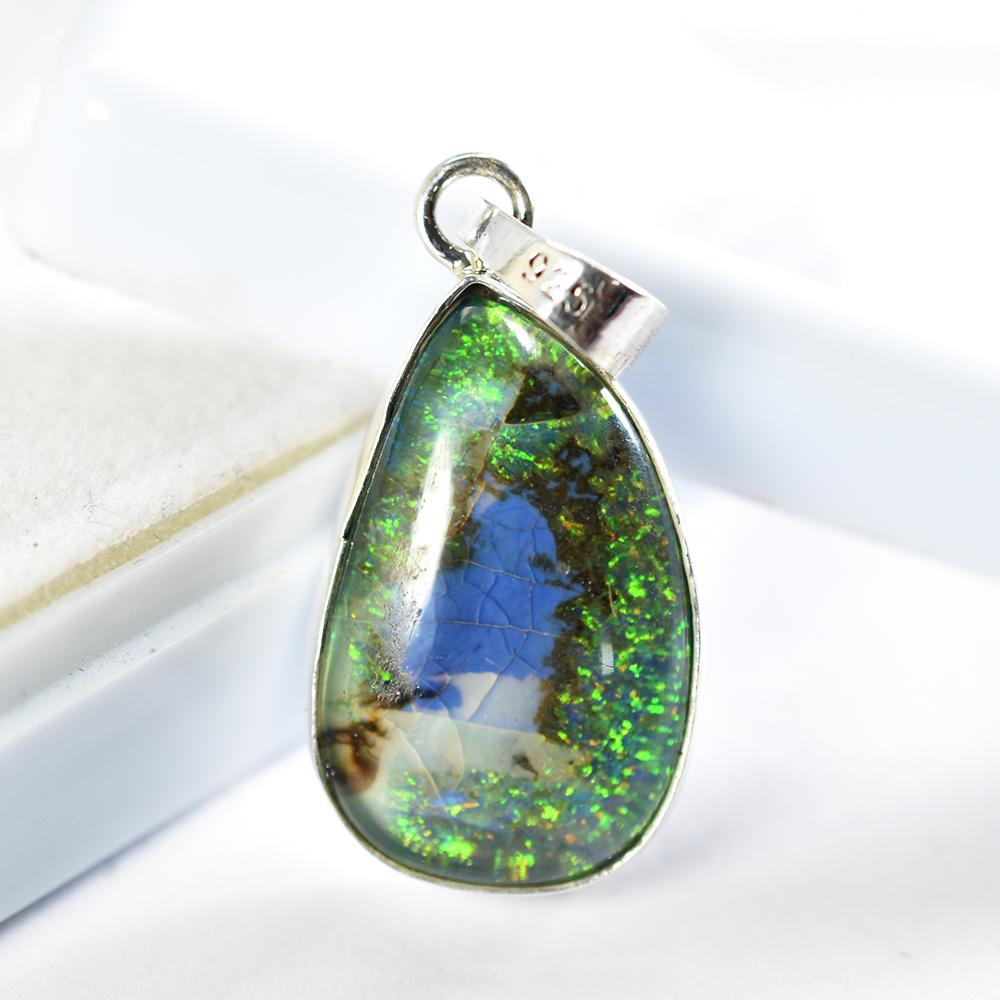 Certified Natural Aurora Opal 25.65 Ct 925 Sterling Silver Pendant best Gift