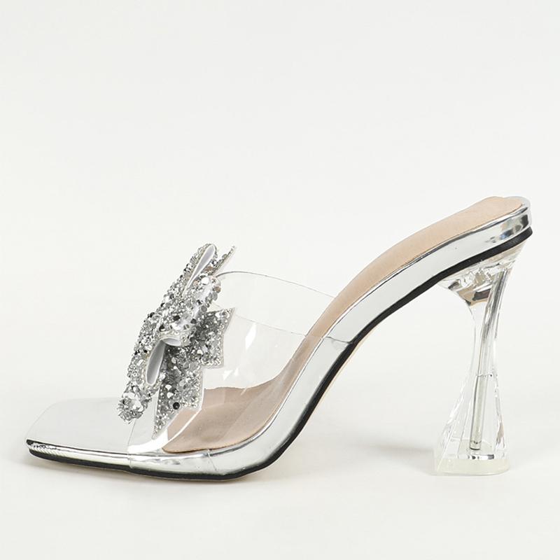 Liyke Модные серебряные блестящие бабочки с бантом женские прозрачные тапочки летние квадратные носки прозрачные босоножки на высоком каблуке женская обувь