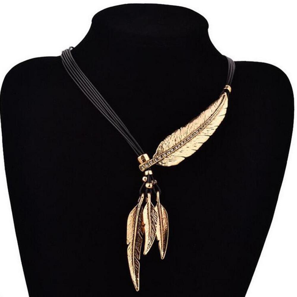 European & American Black Leather Feather Diamond Tassel Necklace - Multi-layer Women's Clavicle & Sweater Chain