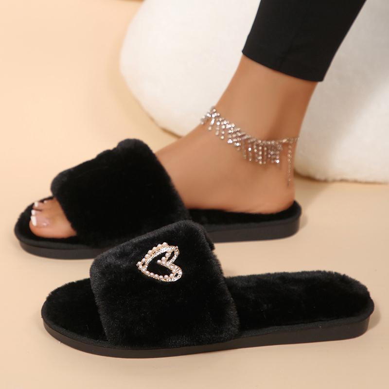 Fashion Crystal Butterfly Decor Fur Slippers for Women Cozy Flat Heels Plush Indoor Slippers Woman Open Toe Non Slip Fluffy House Shoes