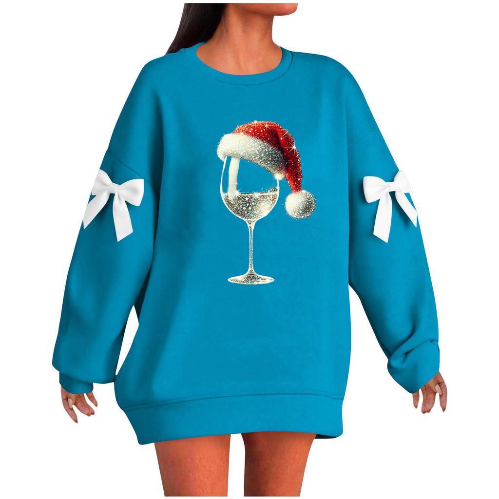 Ladies' Christmas Printed Bow Round Neck Long Sleeved Loose Pullover Sweater Sweatshirt Top