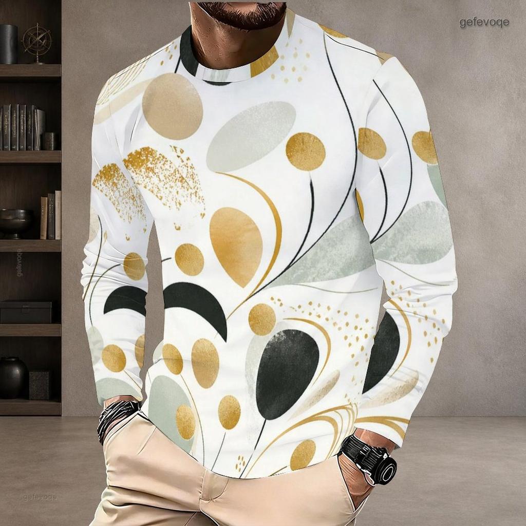 Men Plus Size Round Neck Long Sleeve White Gem Printed T Shirt Straight Hem Pullover