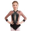 Girls Sparkly Rhinestones Color Block Sheer Mesh Patchwork Skirted Bodysuit Gymnastics Leotard