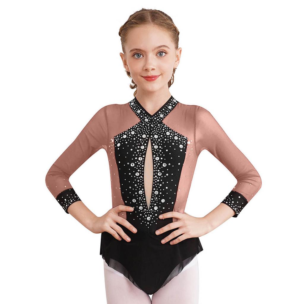 Girls Sparkly Rhinestones Color Block Sheer Mesh Patchwork Skirted Bodysuit Gymnastics Leotard