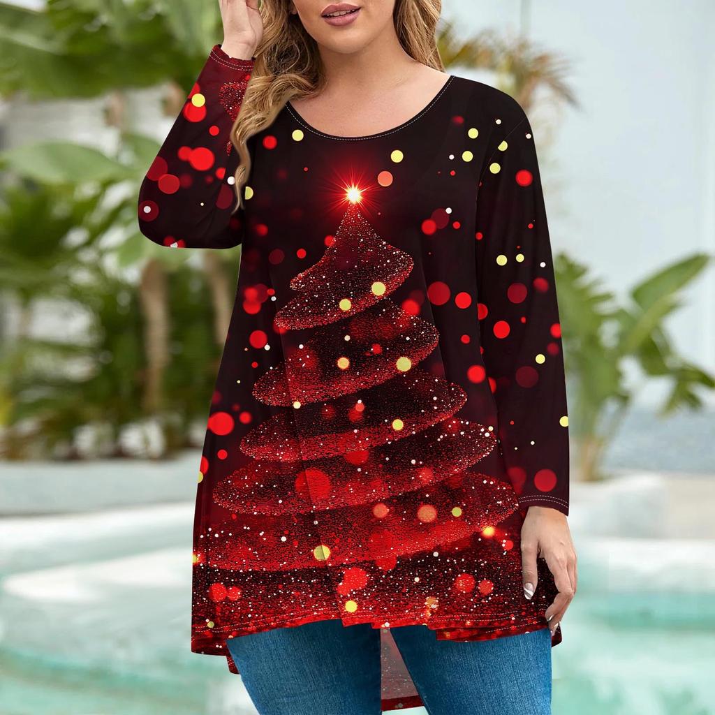 Женская мода большого размера с круглым вырезом и длинным рукавом, повседневный свободный пуловер с рождественским принтом
