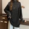 Women's Clothing Autumn Winter Korean Fashion Rhinestone Thick Warm Basic T-shirts High Collar Black Oversized Long Sleeve Tops