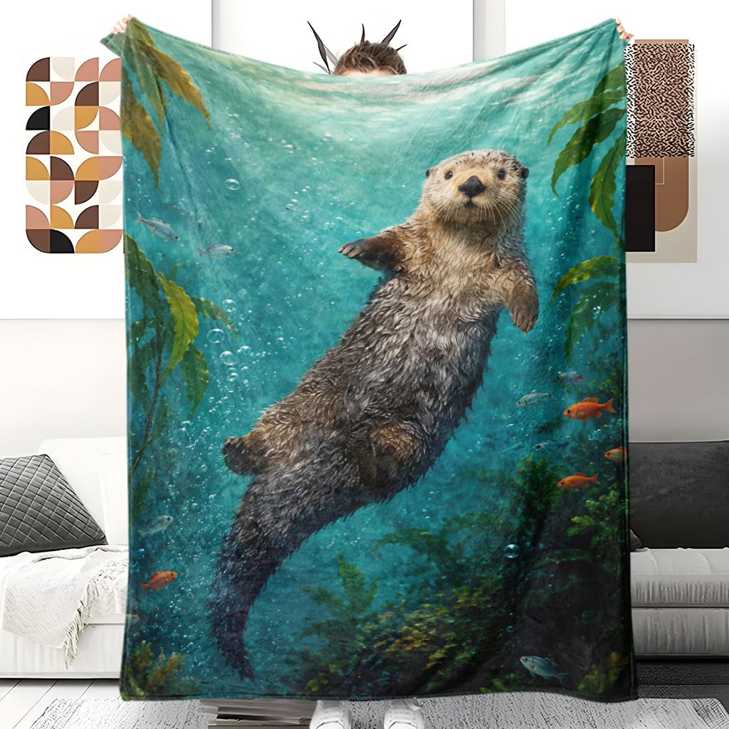 Blanket 1pc Otter Playing Underwater Winter Flannel Blanket Featuring Soft High-definition Digital Printing; a Modern-style Small