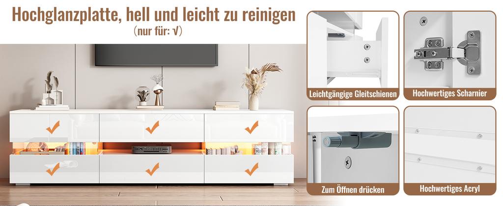 Modern White High-Gloss TV Cabinet, 160x39x45 cm, LED Lighting, 2 Doors, 1 Drawer, Open Compartment, 70-Inch TVs, Acrylic Glass Insert, Push-to-Open