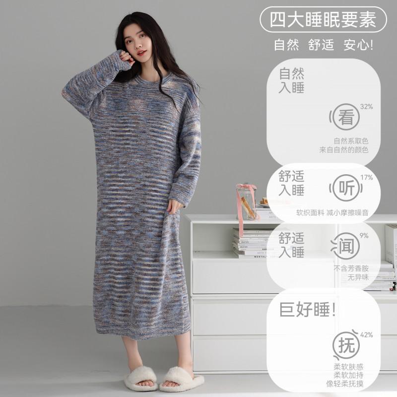Womens Fleece Nightgown Fall Winter Soft Warm Striped Loungewear