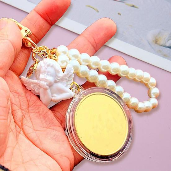 Keychain Pendant Faux Pearl Luxury Angel Letter Round Tag Stainless Alloy Exquisite Anti-lost Shoulder Bag Schoolbag Decoration Pendant Key Holder