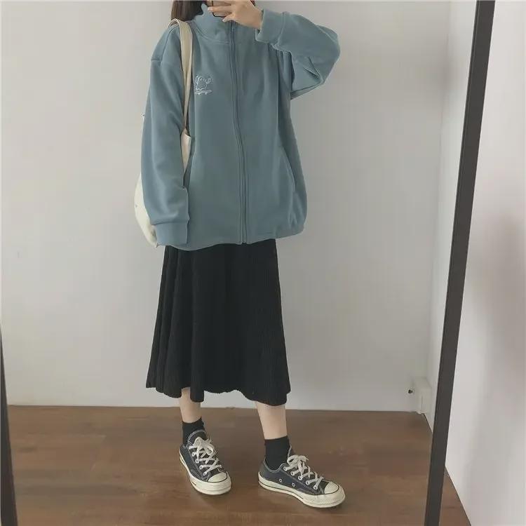 Гигантский теплый бархатный вышитый кардиган с высоким воротником на молнии: Утолщенная женская флисовая куртка Polar