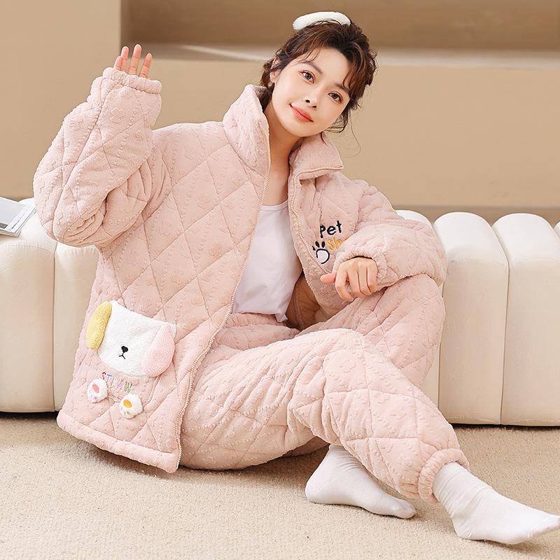 Коралловая бархатная трехслойная стеганая куртка и пижама для женщин Зимний фланелевой домашний костюм с очень толстой теплой молнией и бархатом
