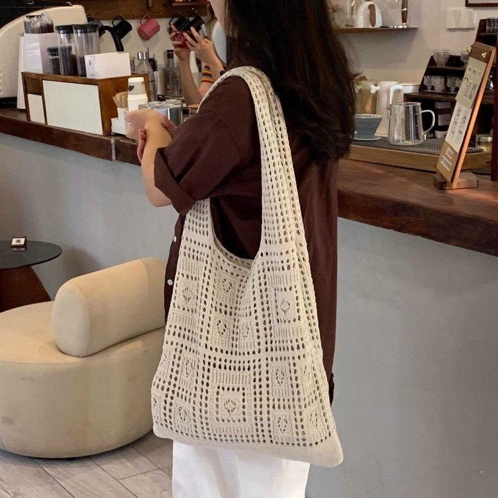 Woven Crochet Mesh Bag Solid Color Shopping Handbag Simple Knitting Shoulder Bag Summer